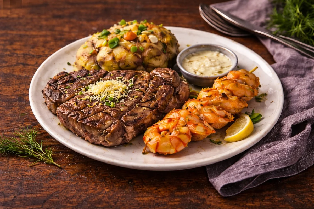 Galen's signature steak with grilled shrimp skewers and loaded baked potato